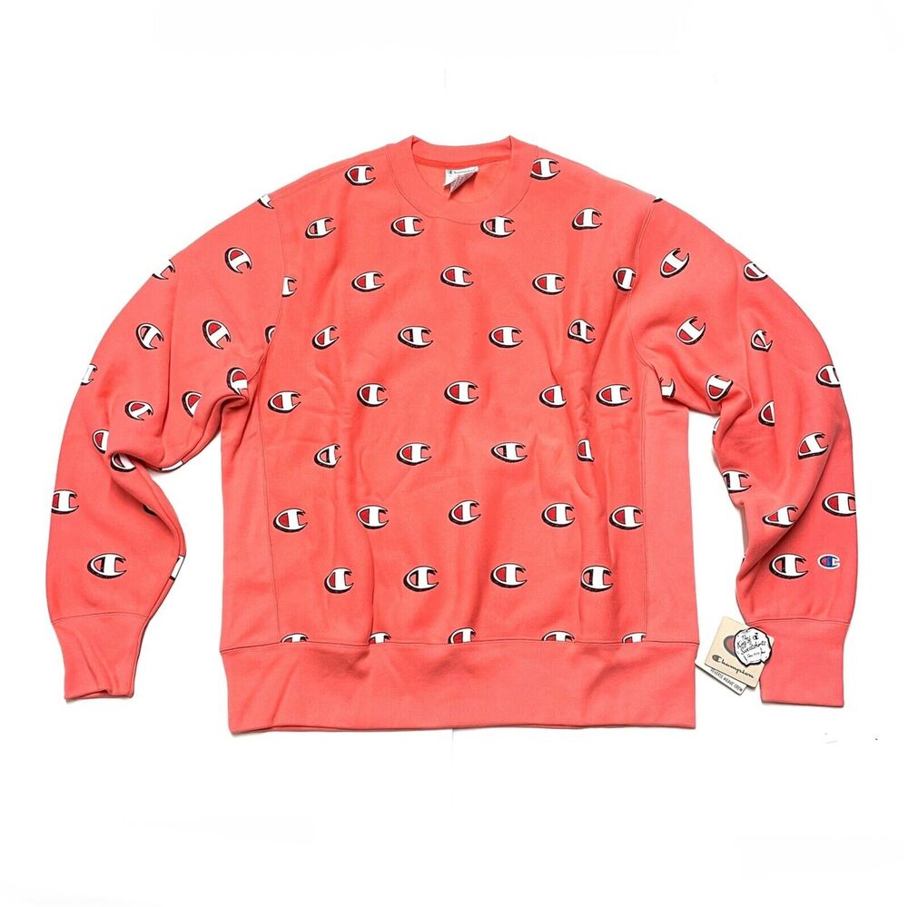 Champion Reverse Weave Crew Sweatshirt Mens Sz L Large Scribble Logo Peach Melon